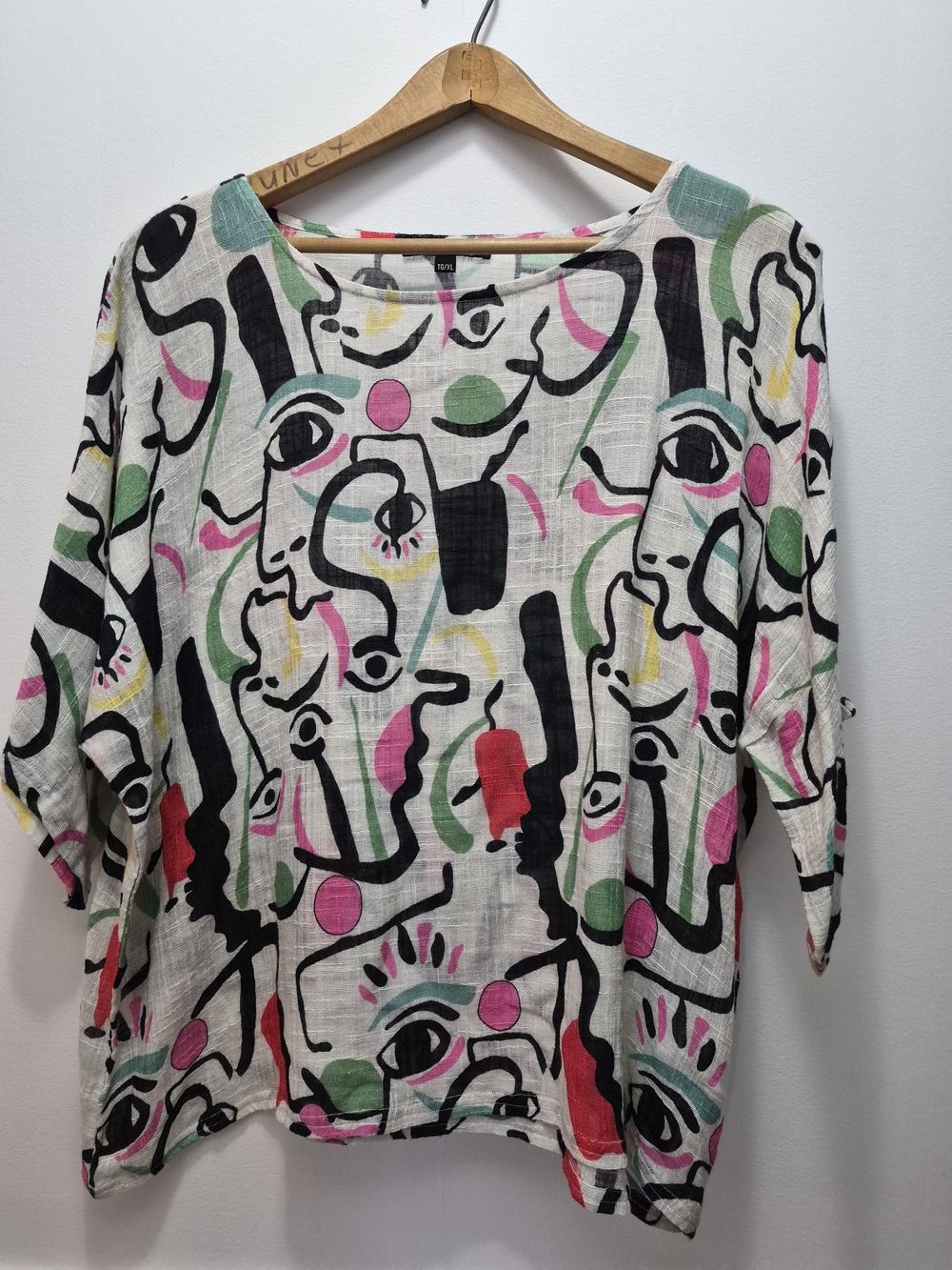 Abstract Face Print Tie-Sleeve Cotton Top - White/Multi - Picture 7 of 7